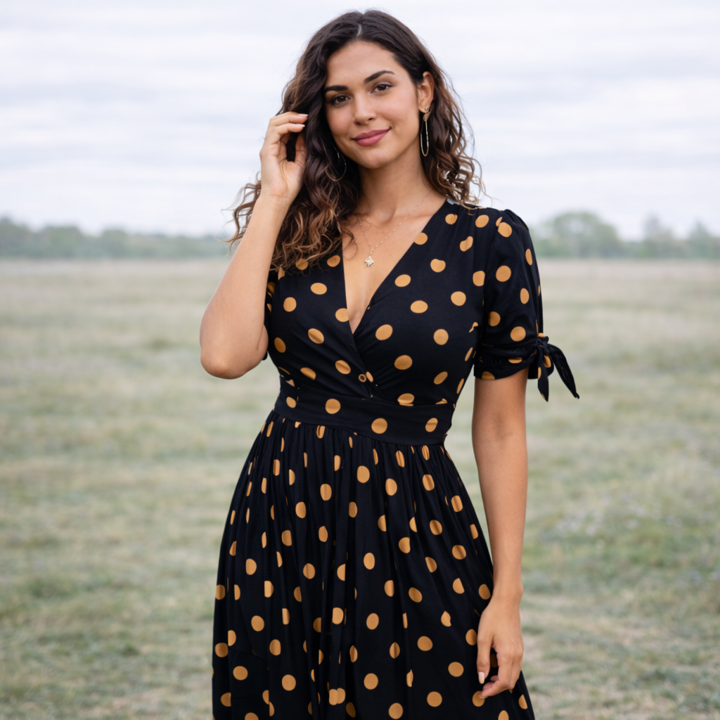 Polka Dot Dress | Women, V-Neck | Buttoned Front