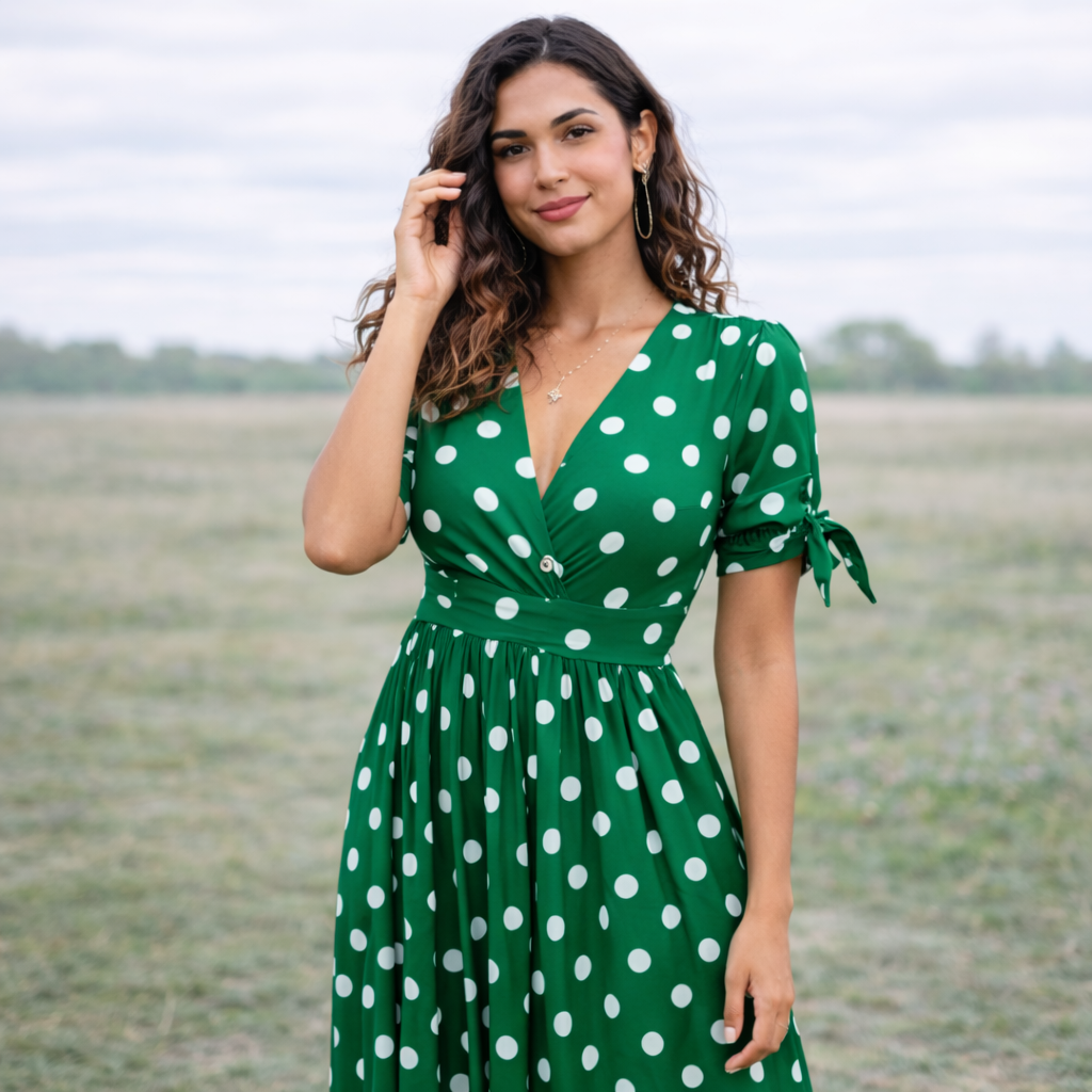 Polka Dot Dress | Women, V-Neck | Buttoned Front