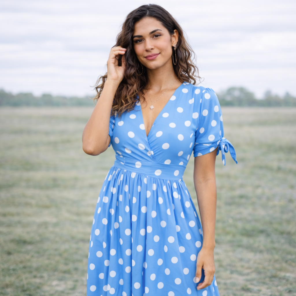 Polka Dot Dress | Women, V-Neck | Buttoned Front