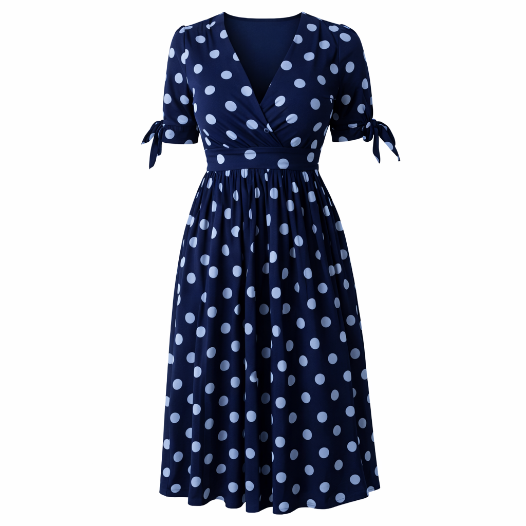 Polka Dot Dress | Women, V-Neck | Buttoned Front