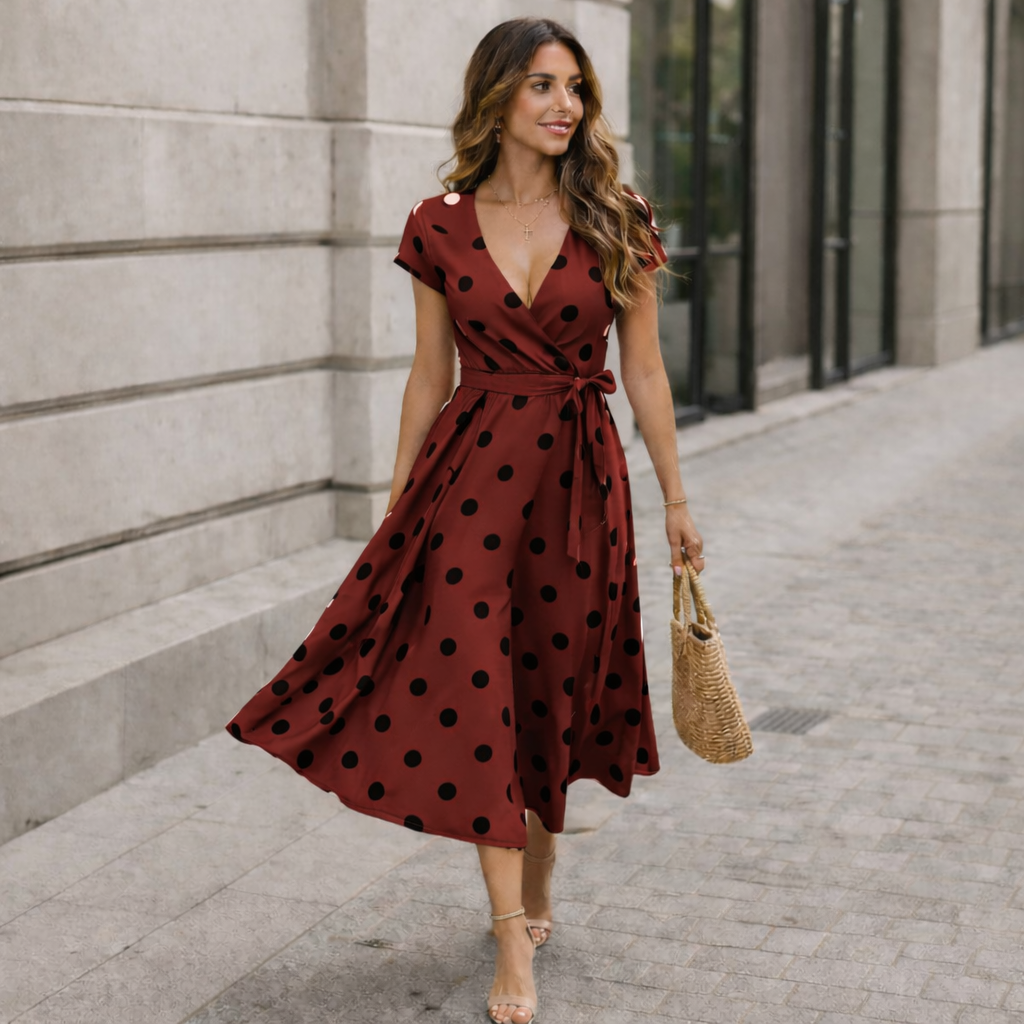 Women's Midi Dress | Dots, Waistband | Casual Wide Style