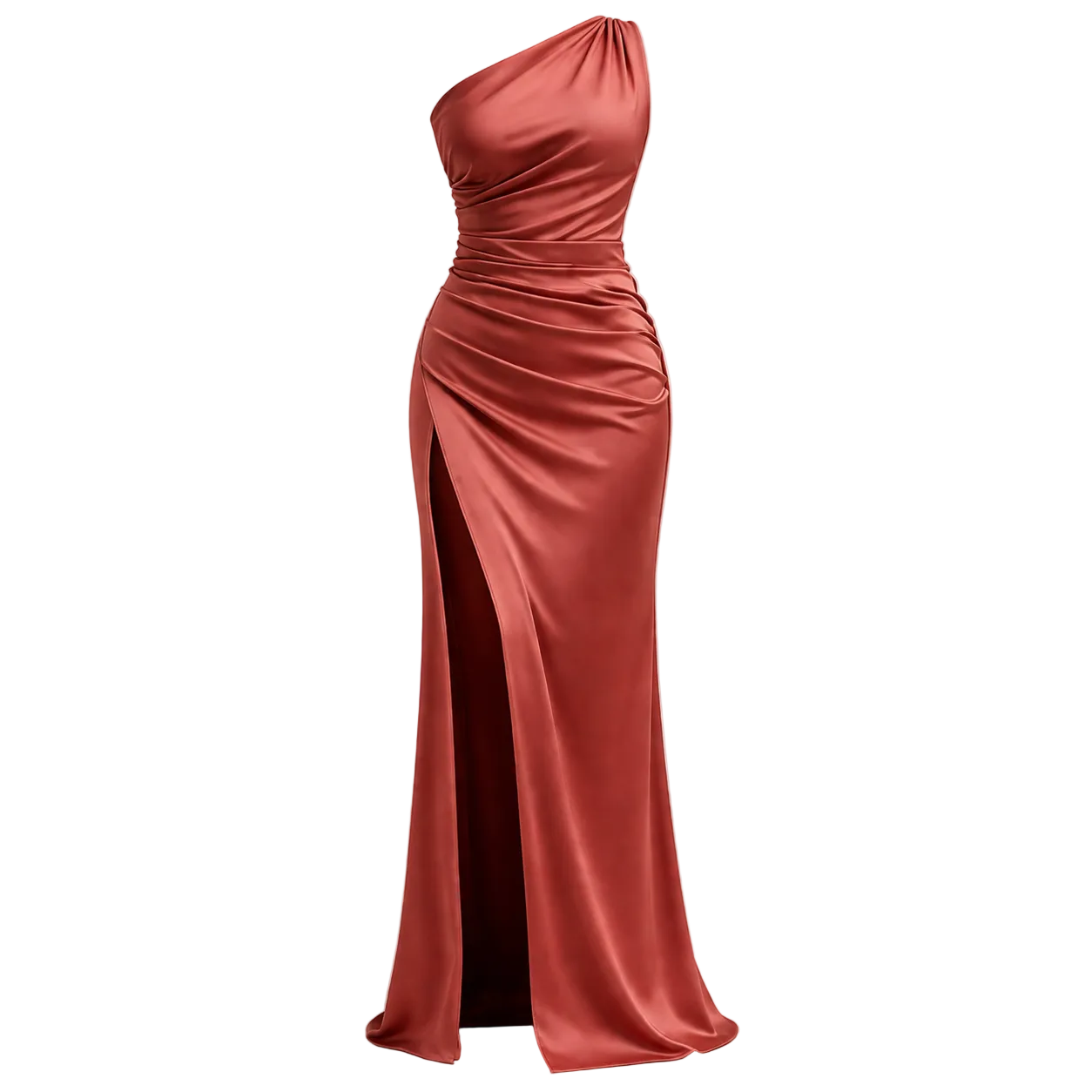 Women's satin long dress | One-shoulder, high slit | Elegant