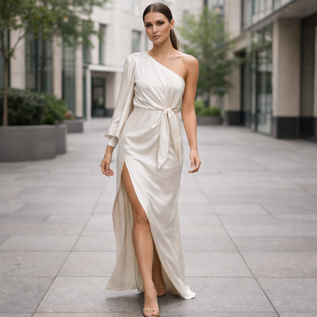 Satin Maxi Dress | One-Shoulder, Elegant
