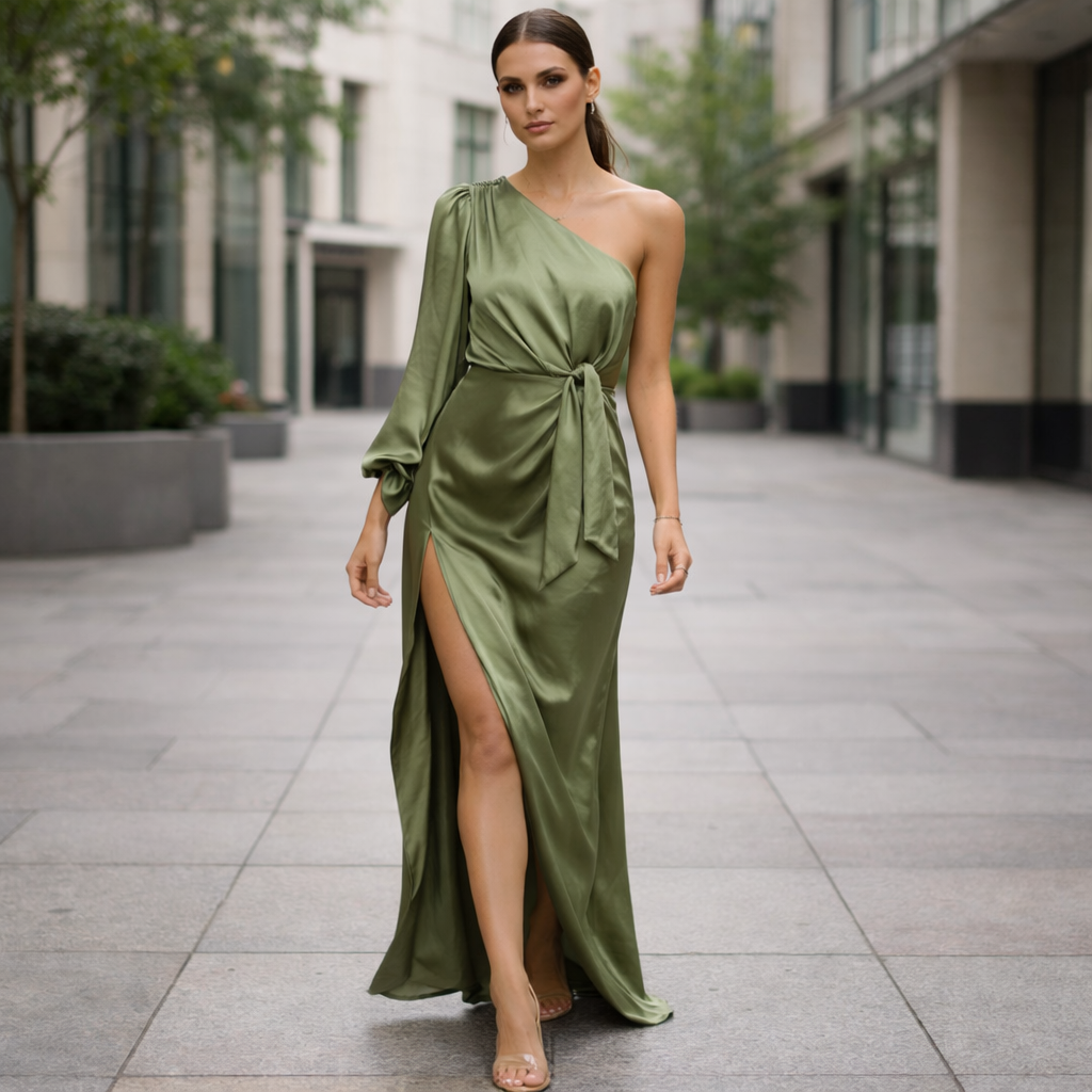 Satin Maxi Dress | One-Shoulder, Elegant