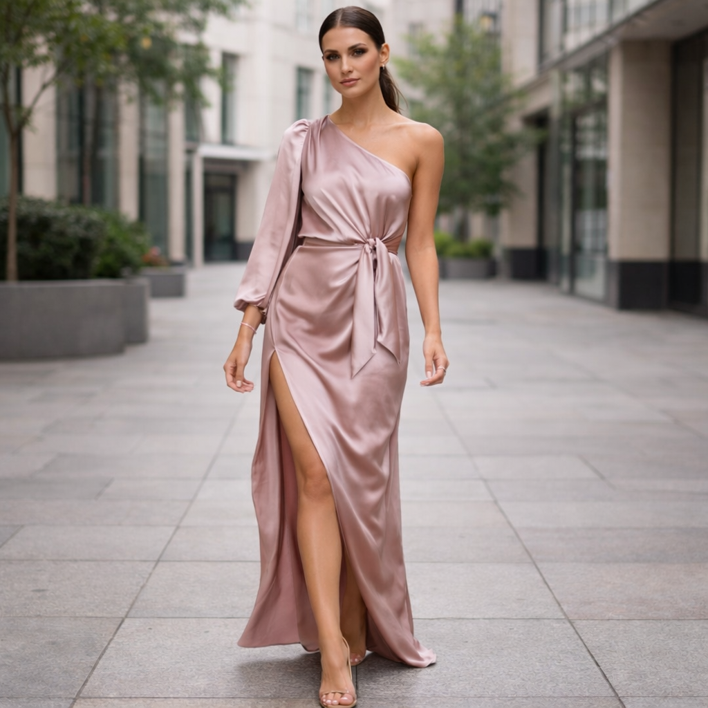 Satin Maxi Dress | One-Shoulder, Elegant