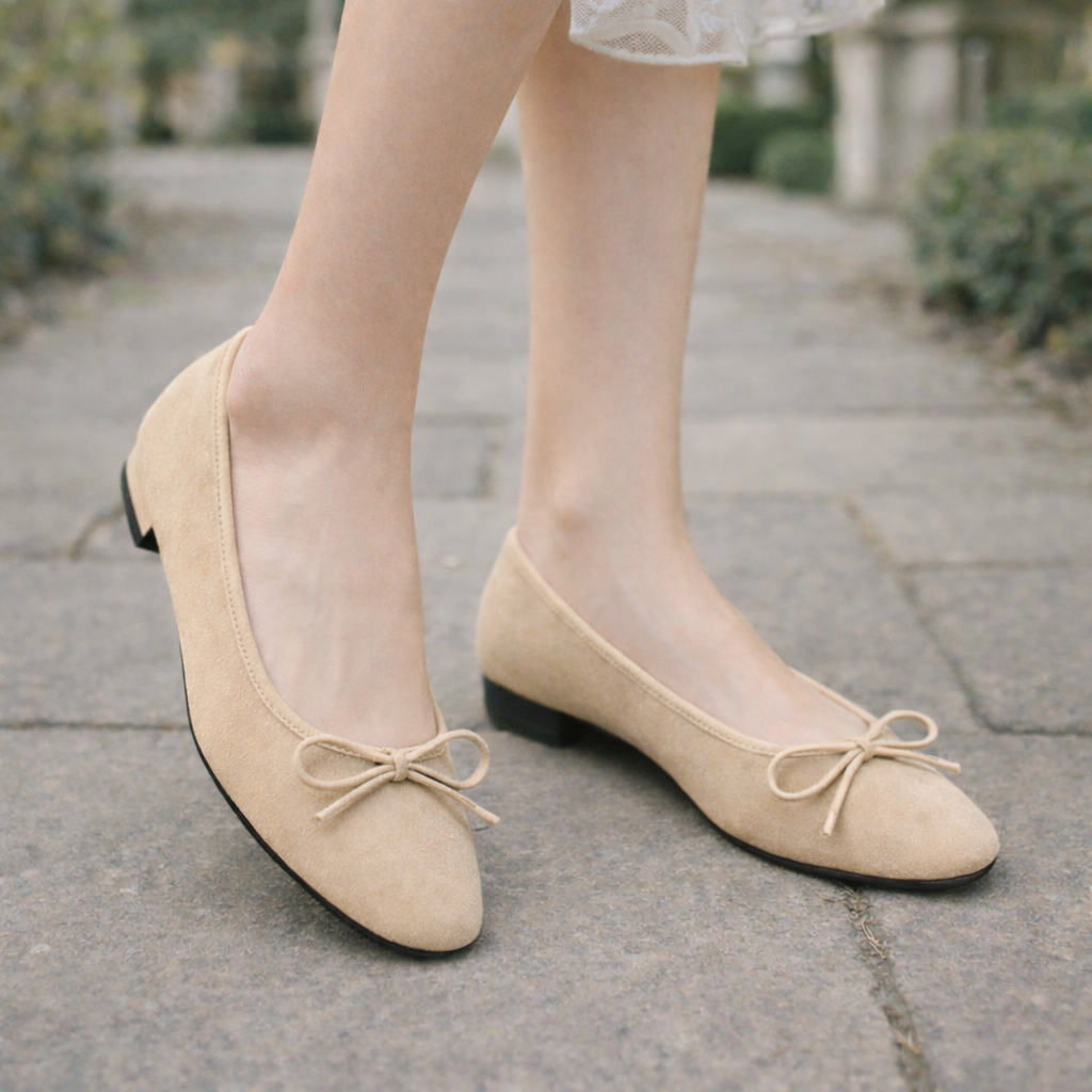 Women's suede ballerinas with a bow