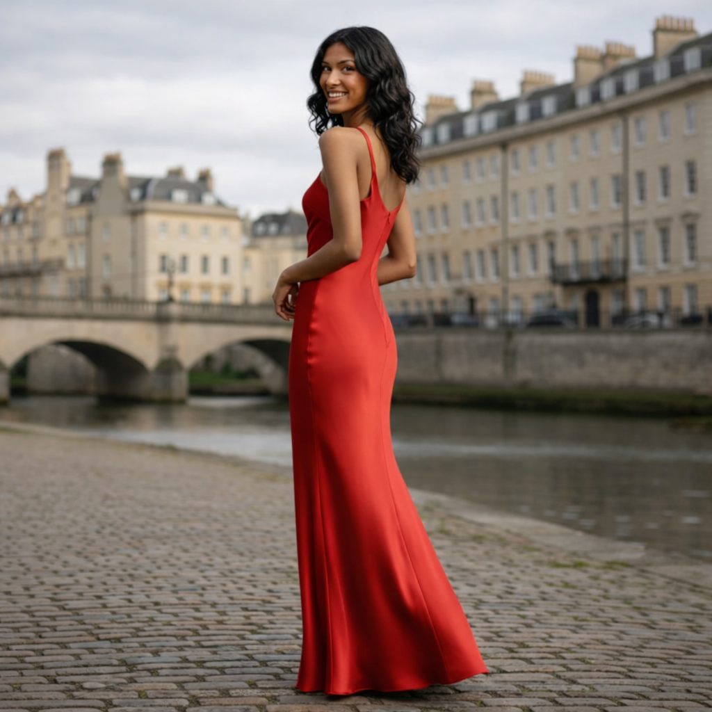 Satin Dress | Asymmetric Neckline, Open Back
