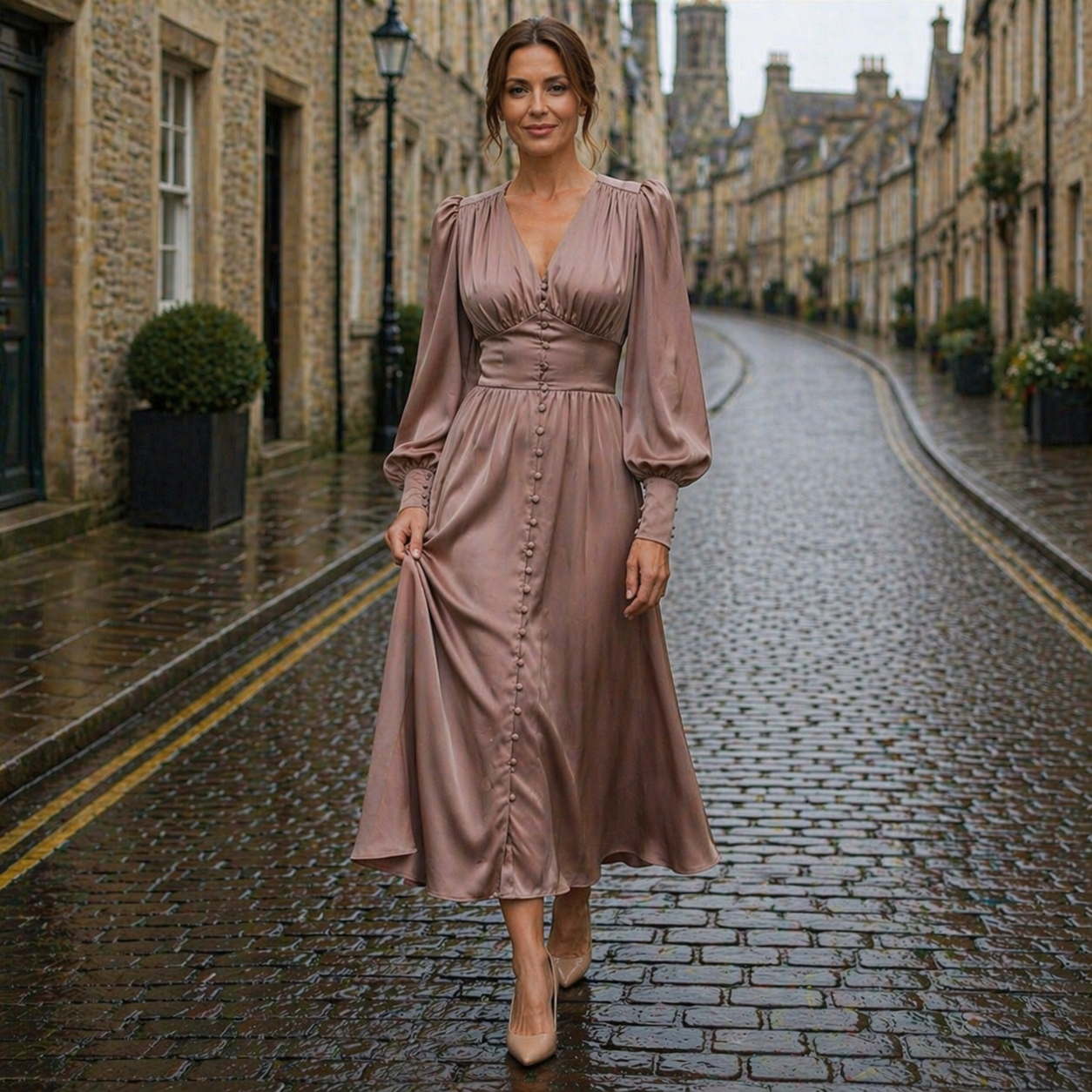 Satin Dress | Midi Length, Long Sleeves, V-Neck