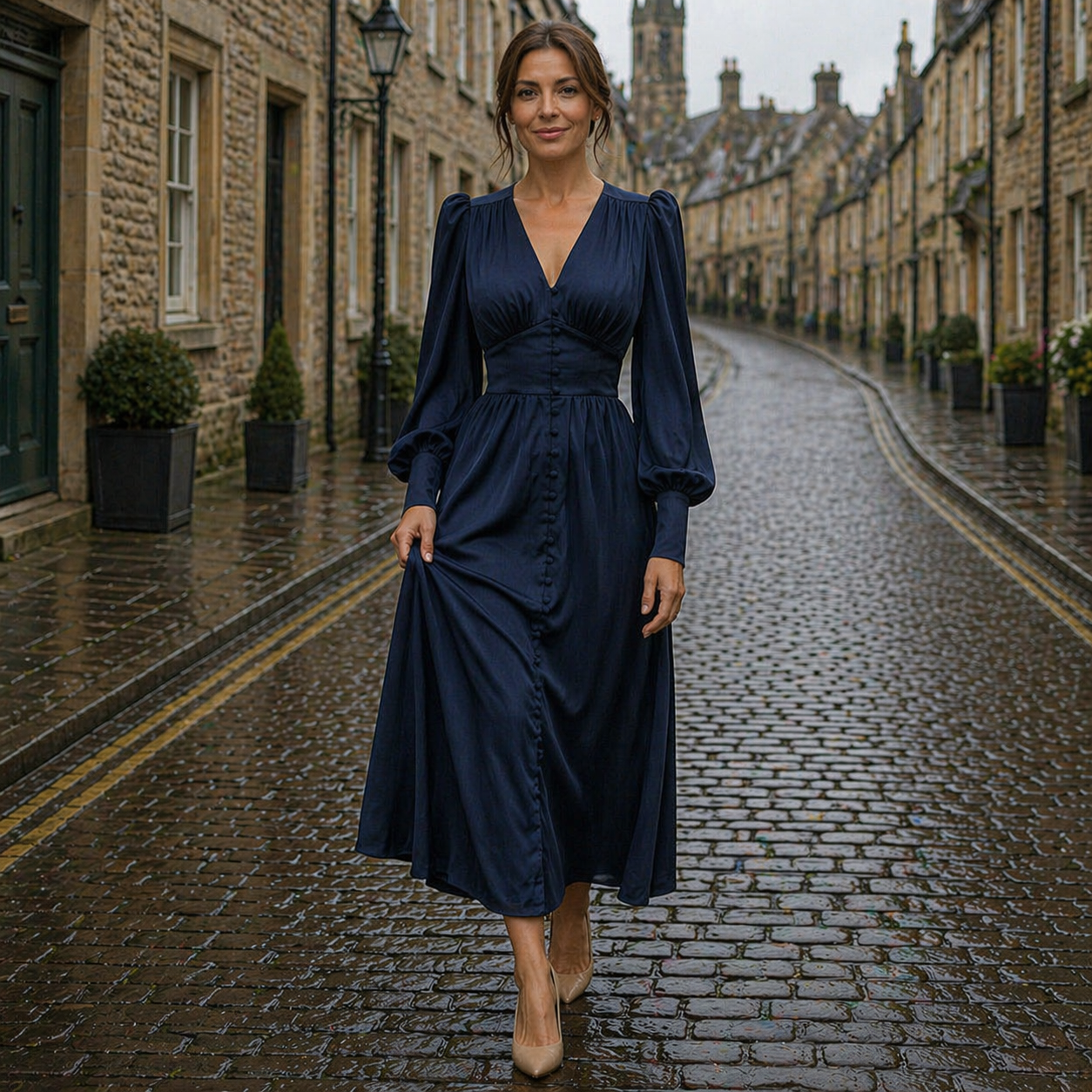 Satin Dress | Midi Length, Long Sleeves, V-Neck