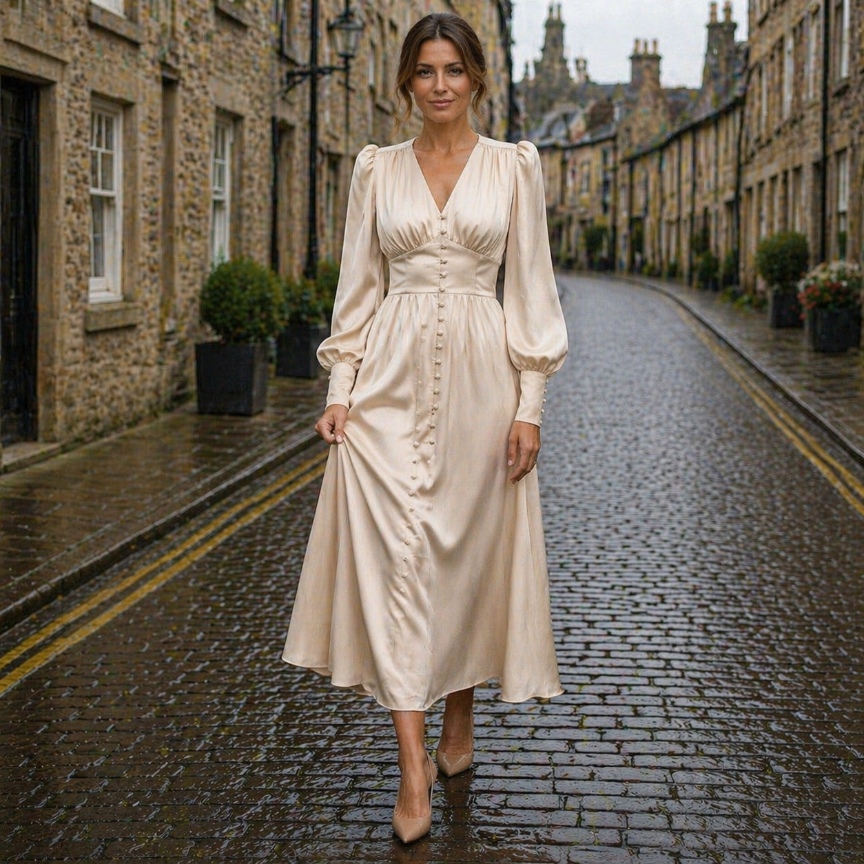Satin Dress | Midi Length, Long Sleeves, V-Neck