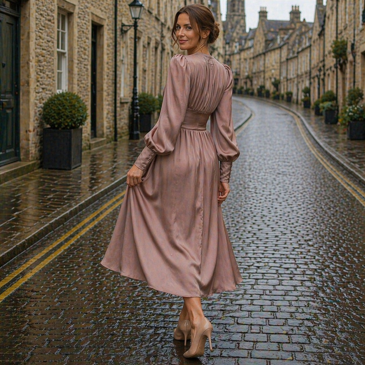 Satin Dress | Midi Length, Long Sleeves, V-Neck