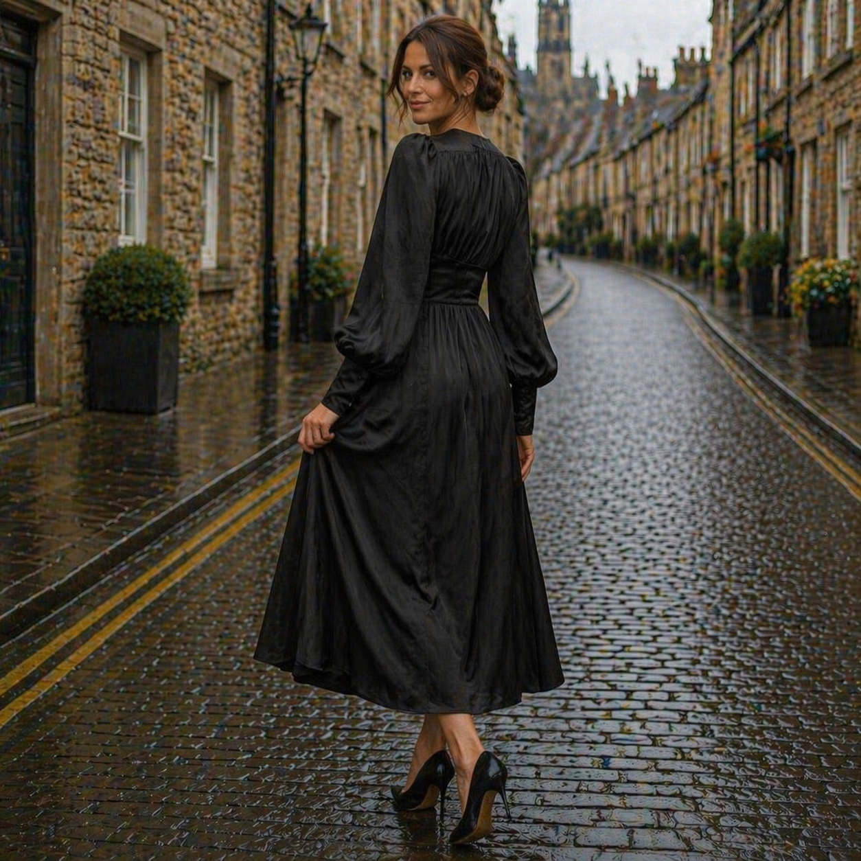 Satin Dress | Midi Length, Long Sleeves, V-Neck