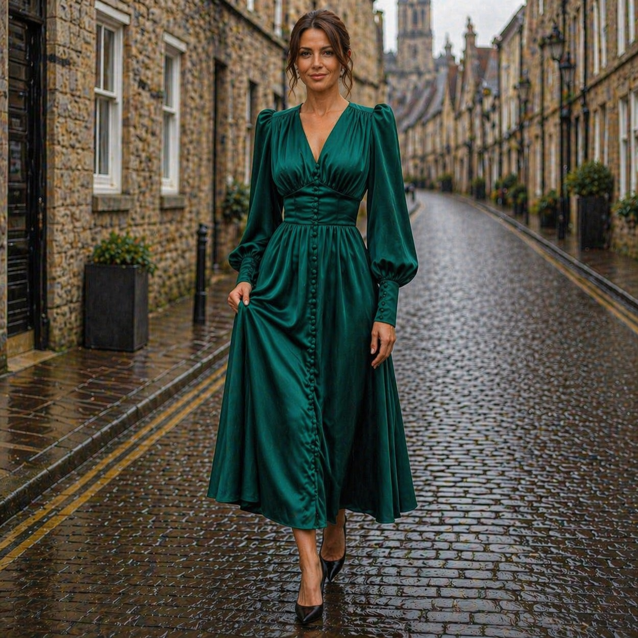 Satin Dress | Midi Length, Long Sleeves, V-Neck