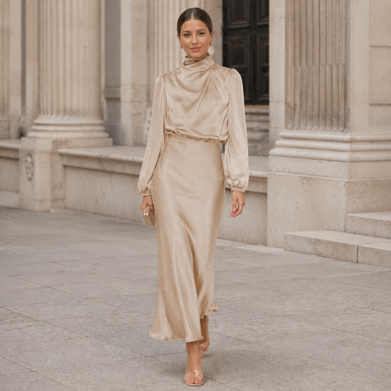 Satin Long Dress | Effortless Elegance | High Collar, Long Sleeves