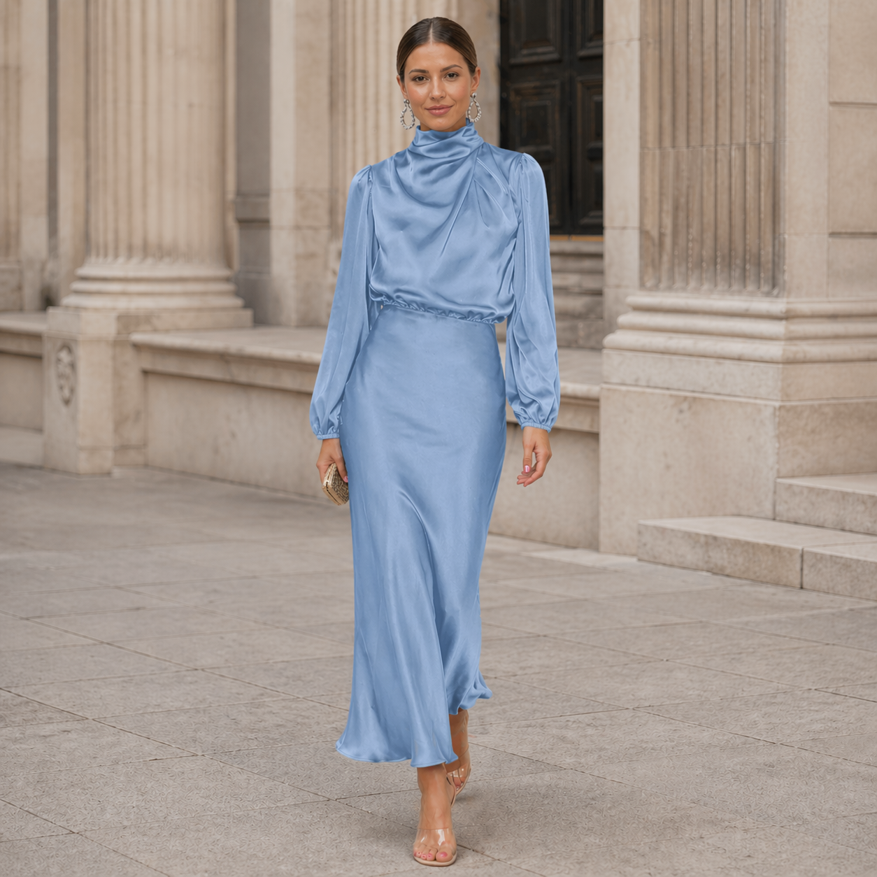 Satin Long Dress | Effortless Elegance | High Collar, Long Sleeves
