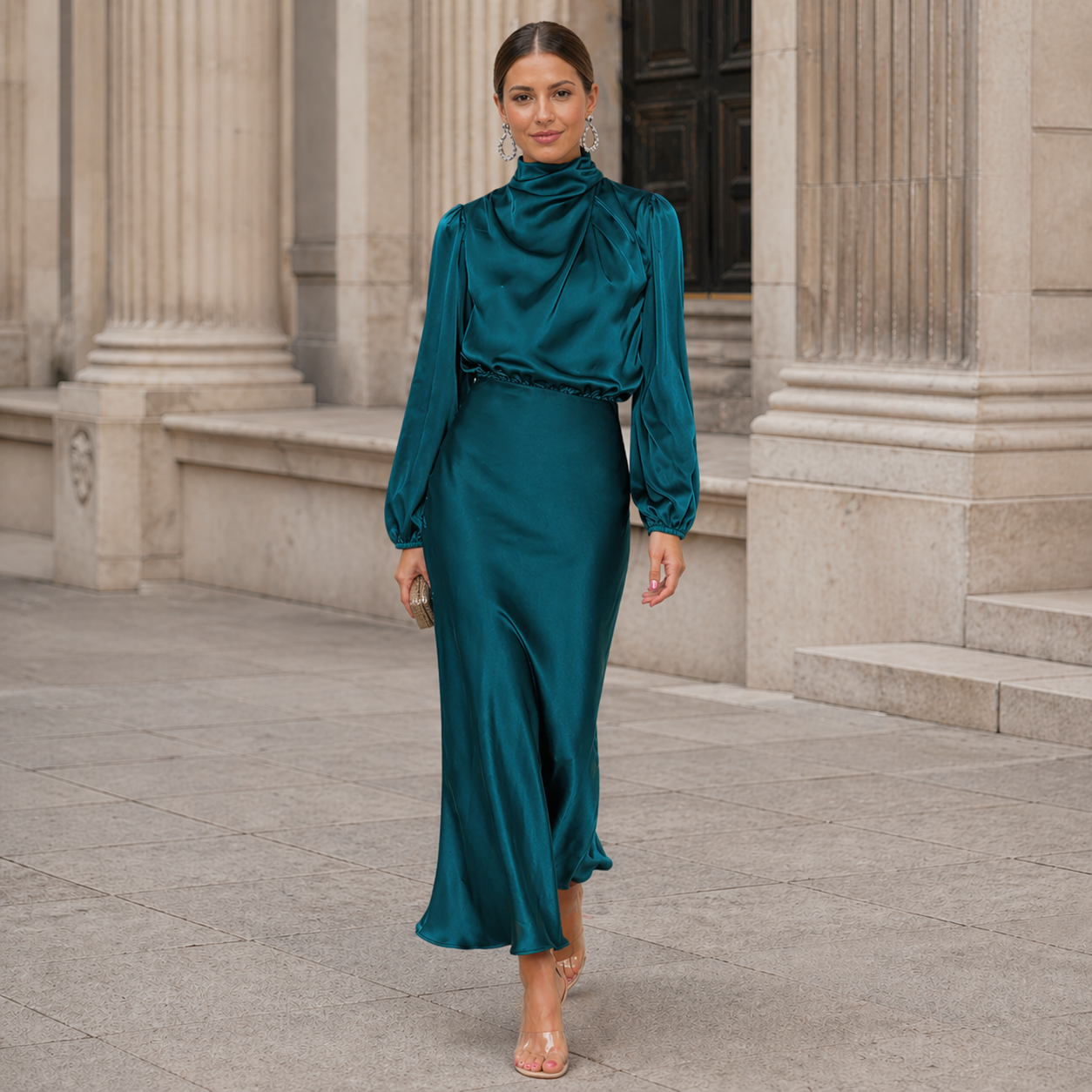 Satin Long Dress | Effortless Elegance | High Collar, Long Sleeves
