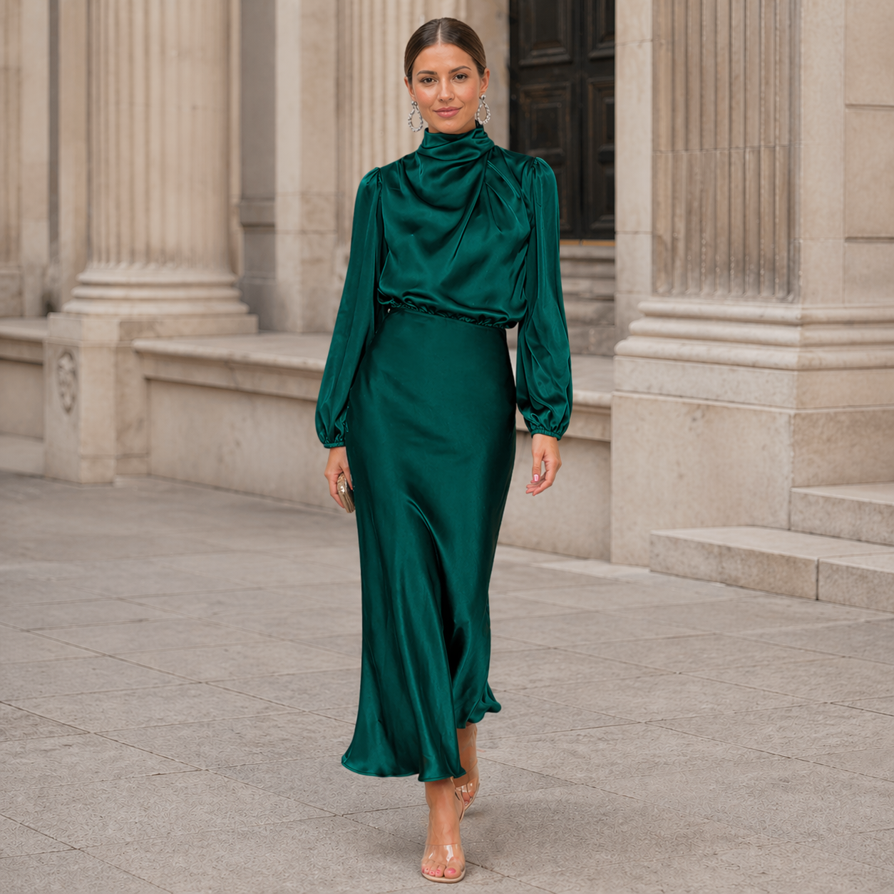 Satin Long Dress | Effortless Elegance | High Collar, Long Sleeves