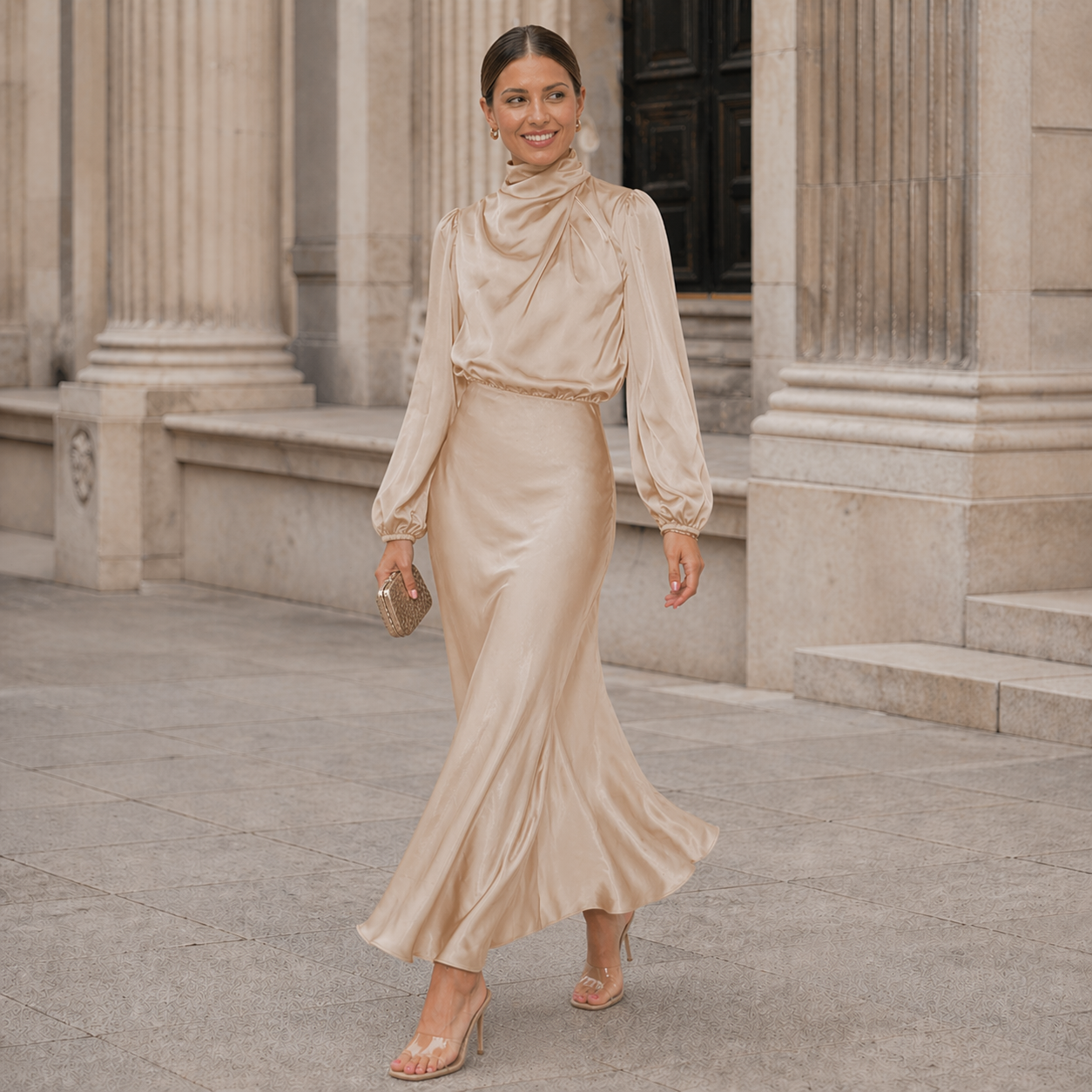Satin Long Dress | Effortless Elegance | High Collar, Long Sleeves