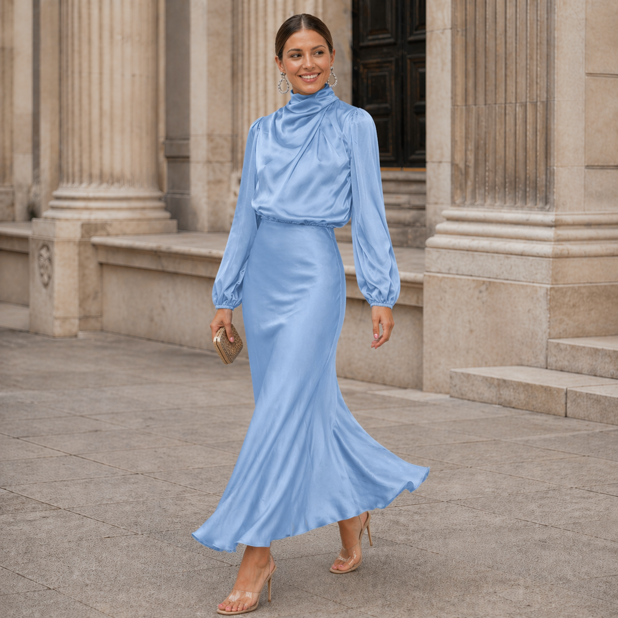 Satin Long Dress | Effortless Elegance | High Collar, Long Sleeves