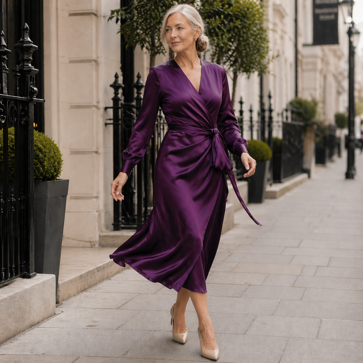 Satin Wrap Midi Dress | Deep Plum | Long Sleeve