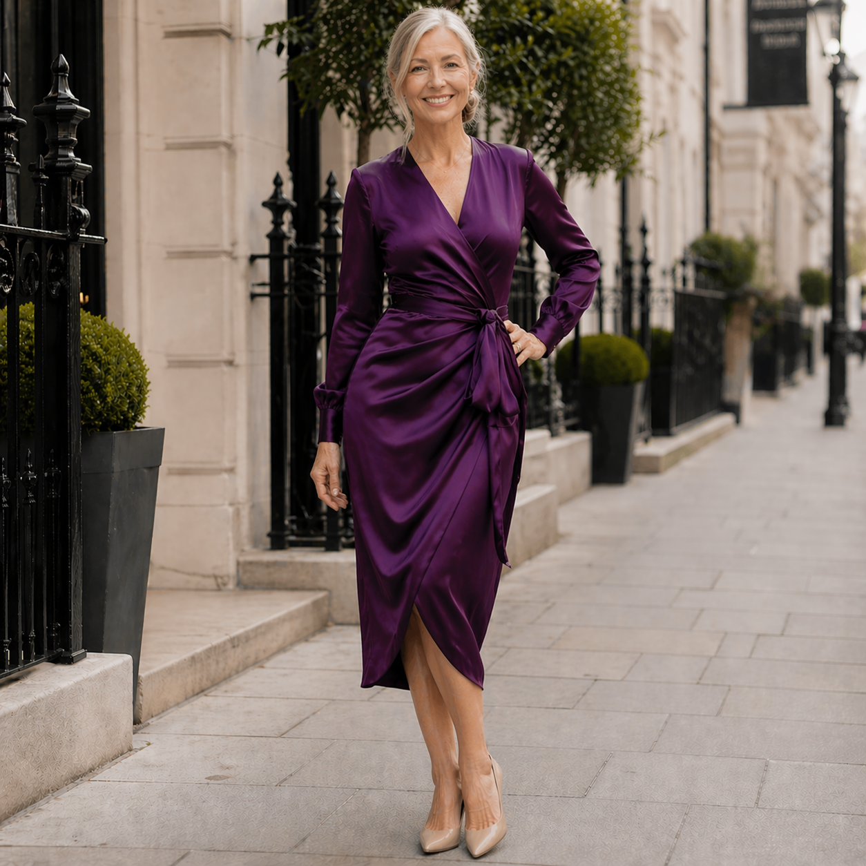 Satin Wrap Midi Dress | Deep Plum | Long Sleeve