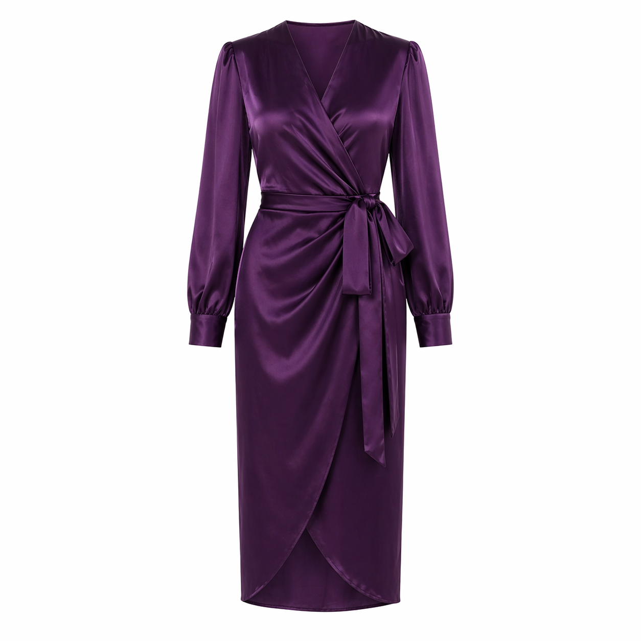 Satin Wrap Midi Dress | Deep Plum | Long Sleeve