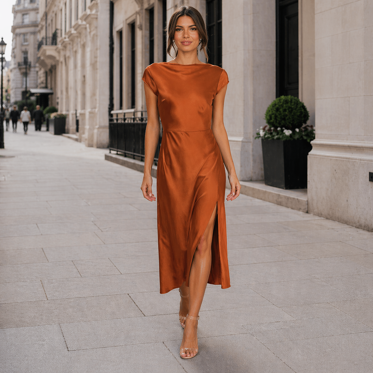 Women's Satin Midi Dress | Short Sleeves, Side Slit