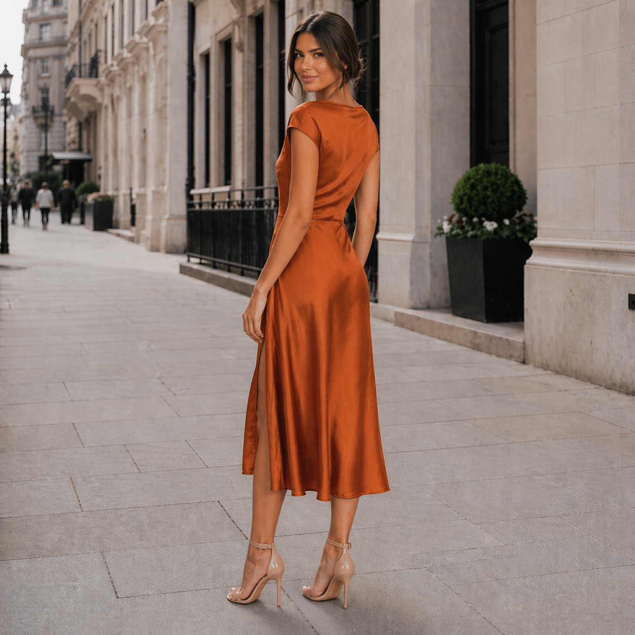 Women's Satin Midi Dress | Short Sleeves, Side Slit