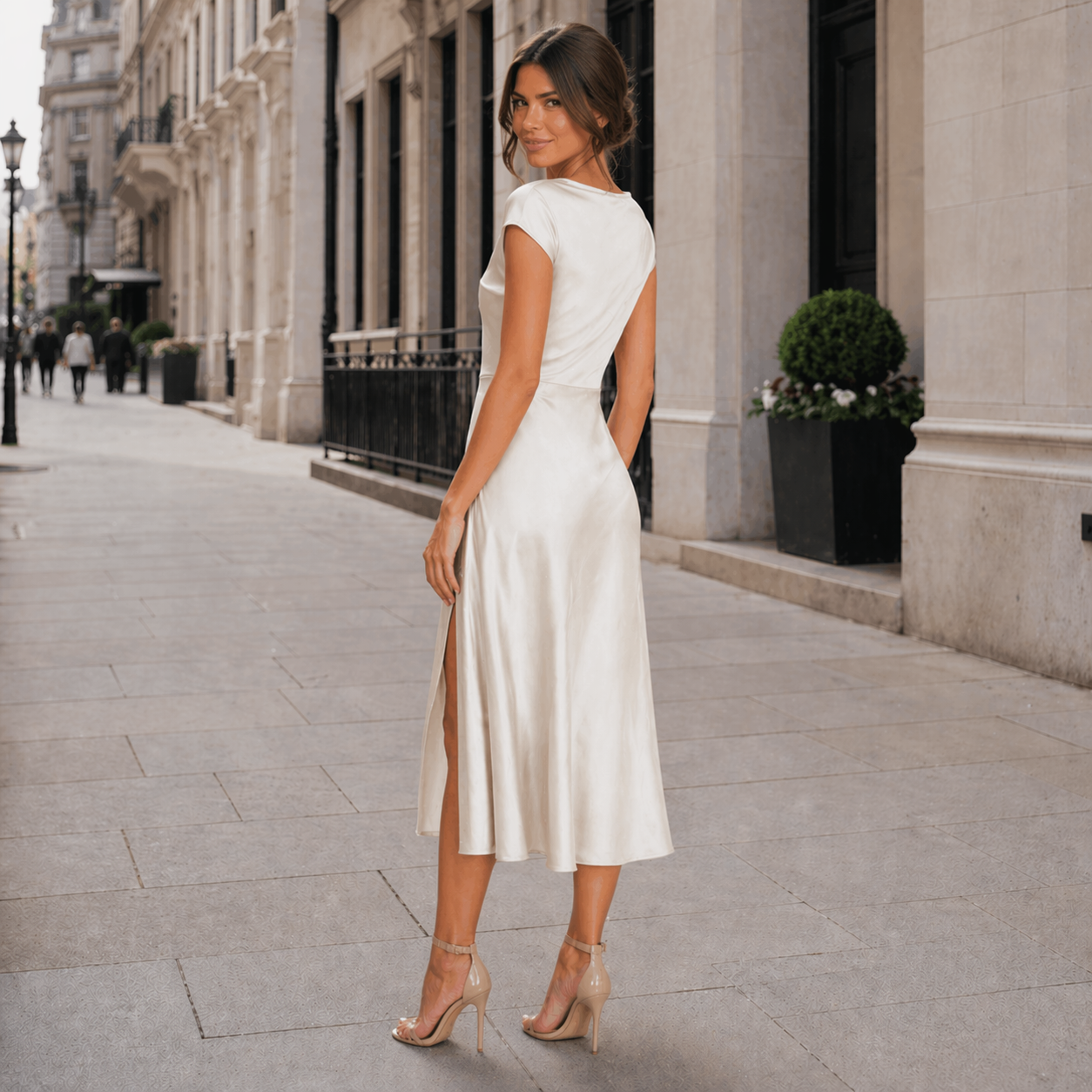 Women's Satin Midi Dress | Short Sleeves, Side Slit