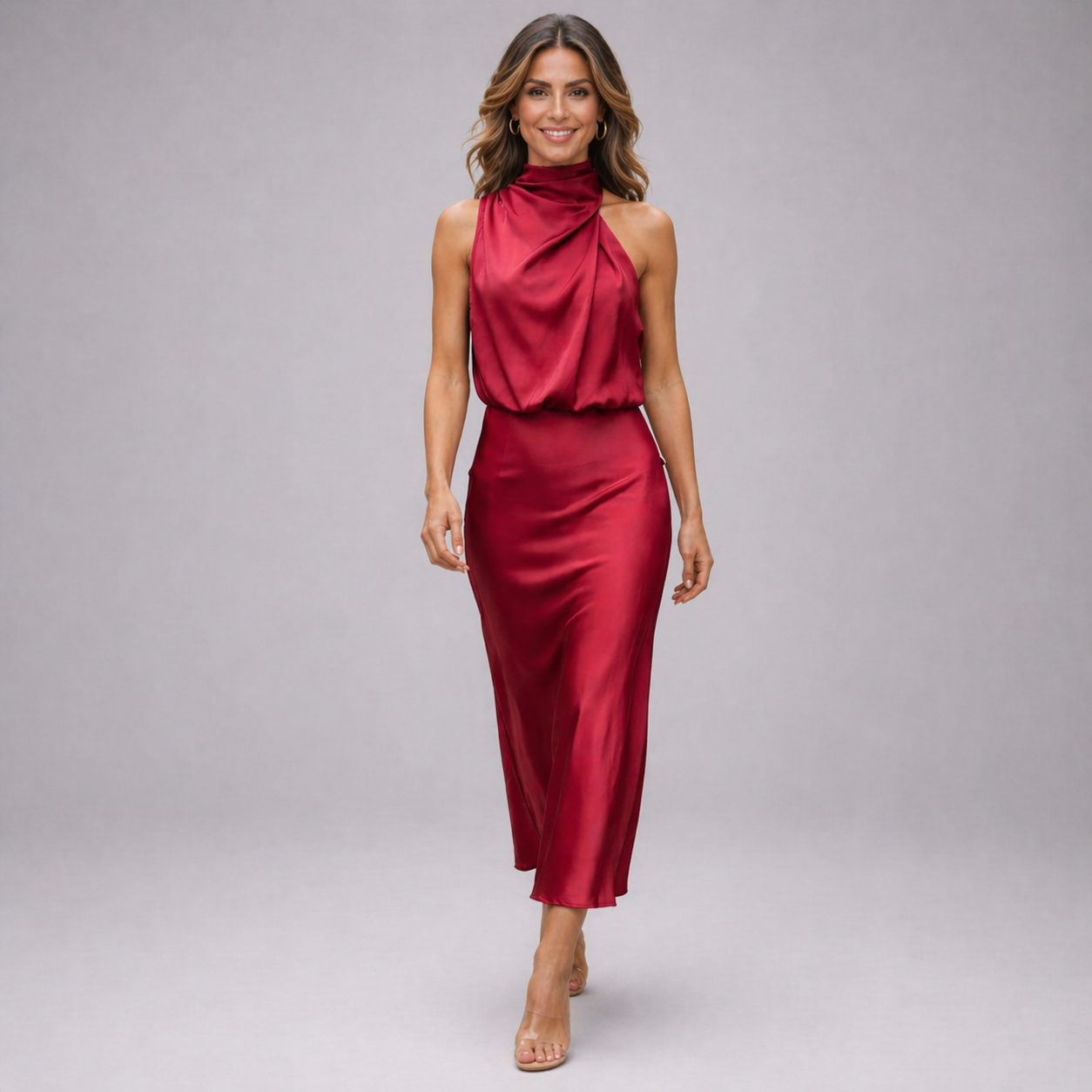 Women's satin midi dress | Main collar, draped front