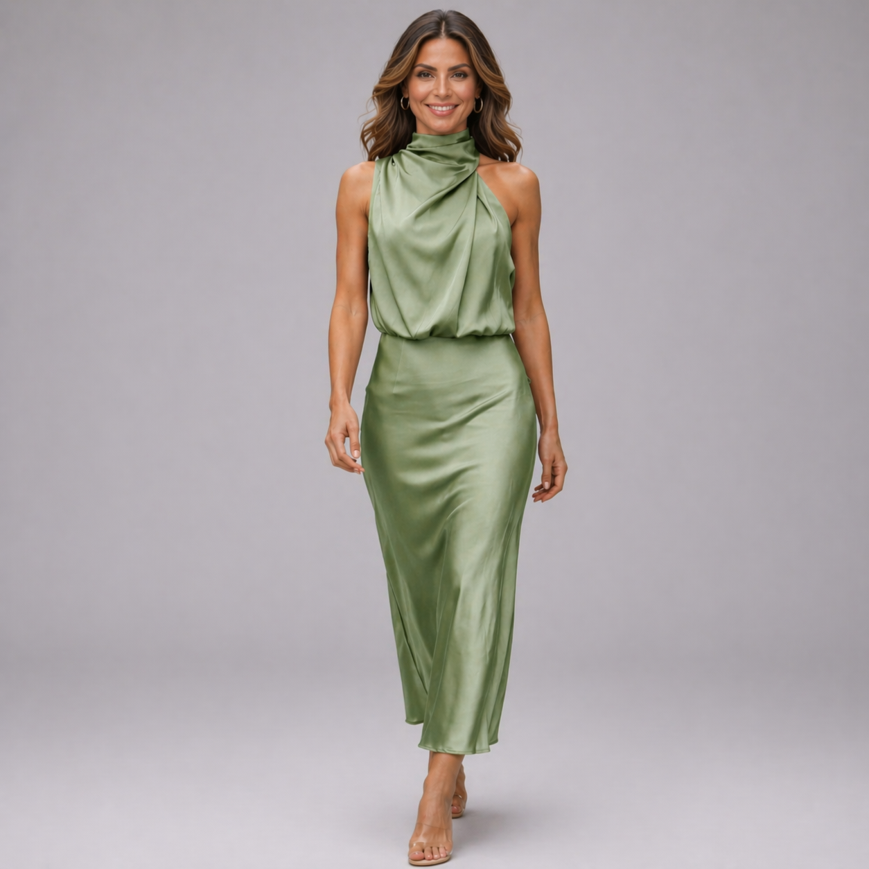 Women's satin midi dress | Main collar, draped front