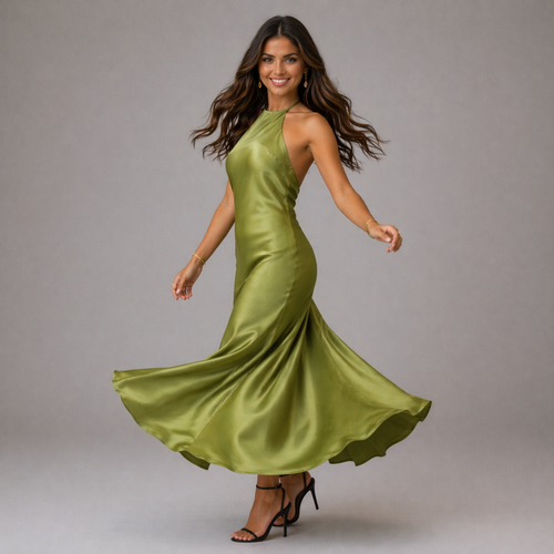 Festive dress | Women's green silk fabric | Elegant style