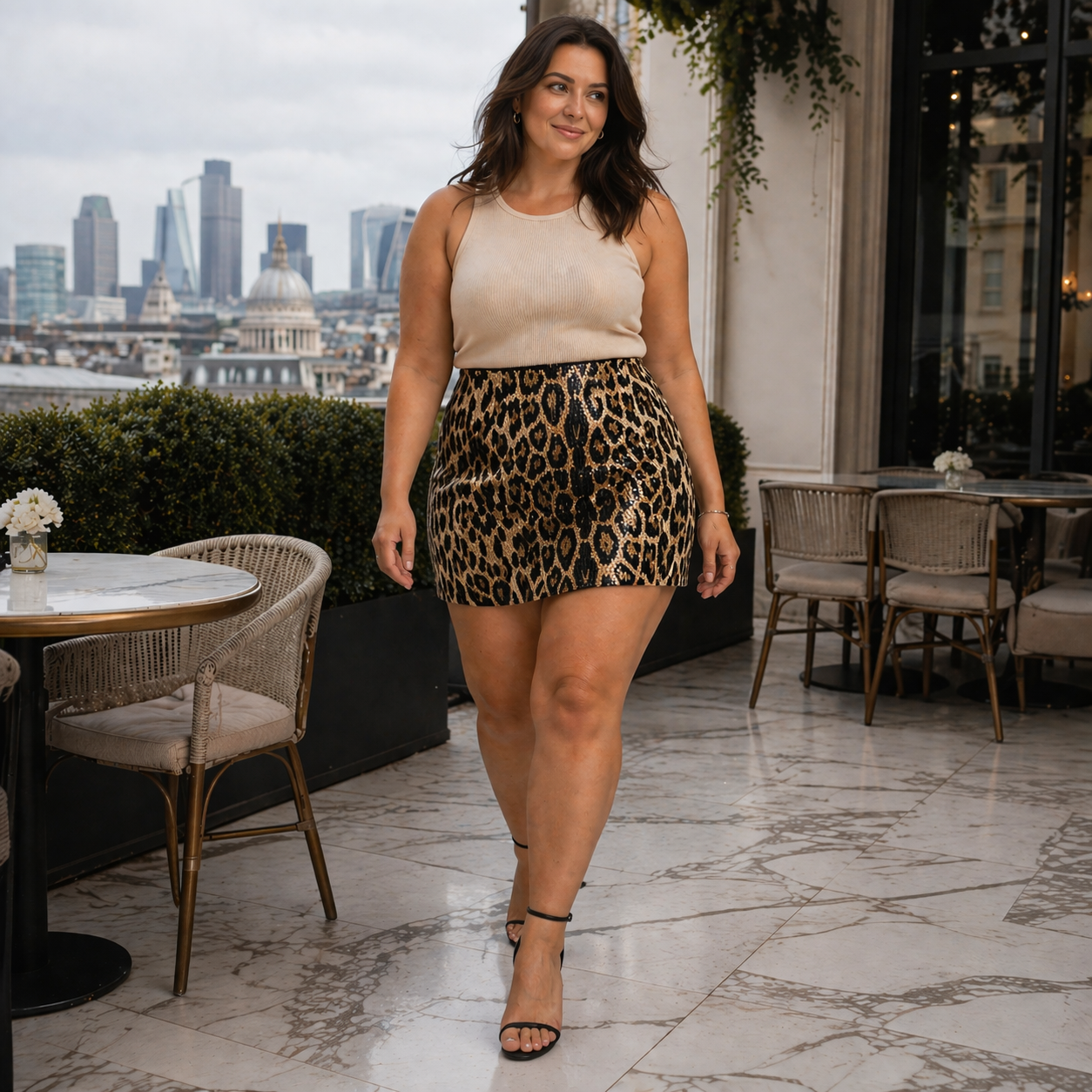Mini skirt | Leopard print, sequin overlay | High waist