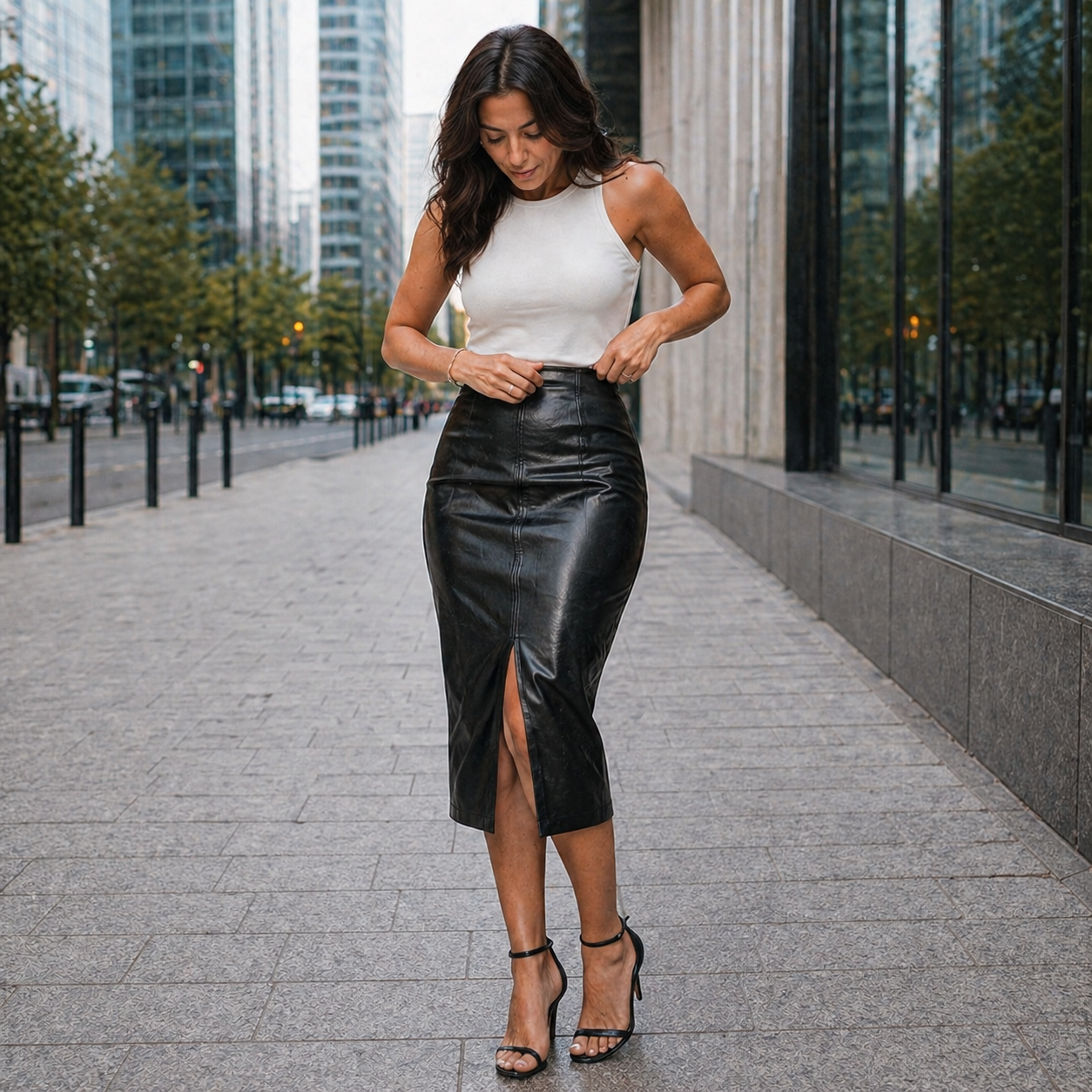 Midi skirt | Black leather, full style