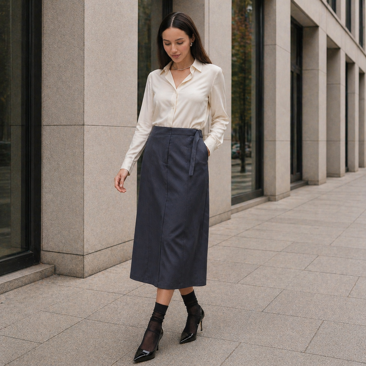 Women's Midi Skirt | Adjustable Waist | Dark Gray Color