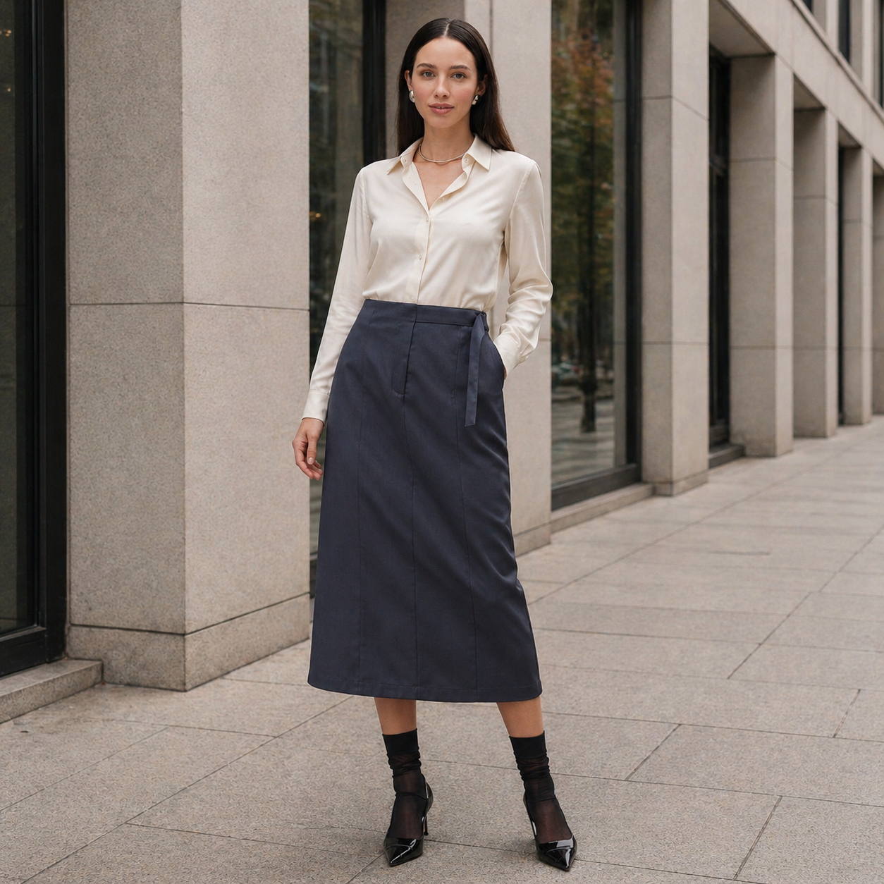 Women's Midi Skirt | Adjustable Waist | Dark Gray Color