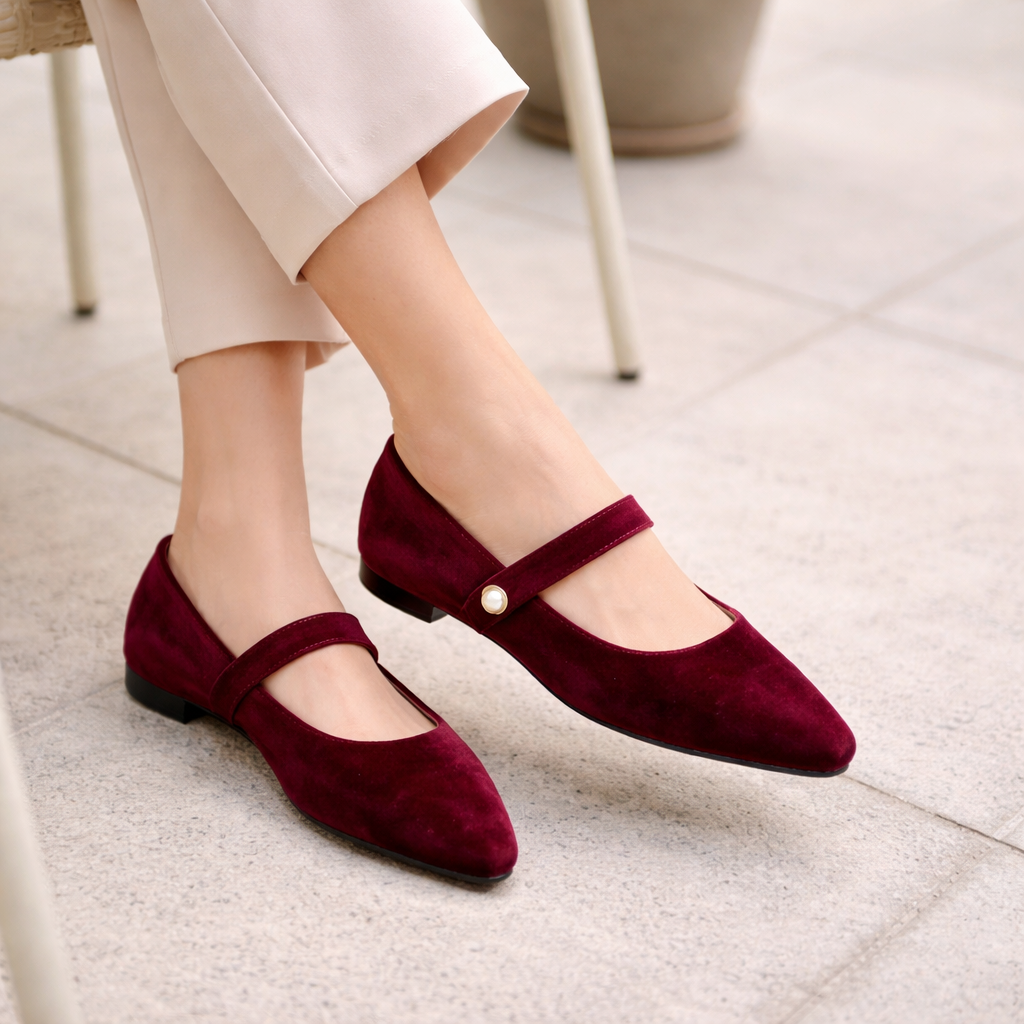 Women's ballet slippers with pointed toe and pearl ribbon
