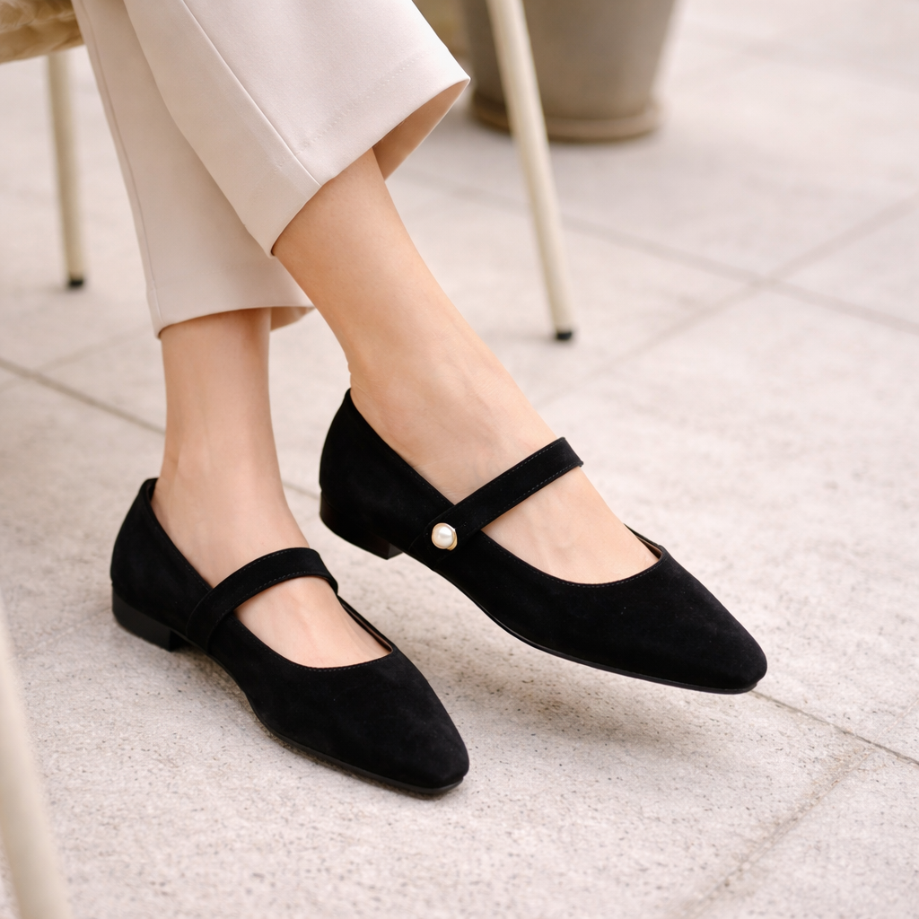 Women's ballet slippers with pointed toe and pearl ribbon