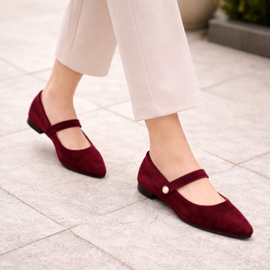 Women's ballet slippers with pointed toe and pearl ribbon