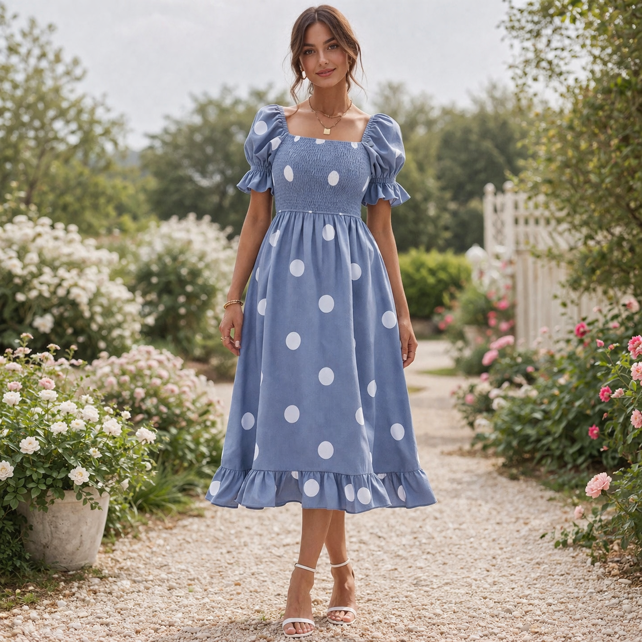 Polka Dot Midi Dress | Women's Puff Sleeve | Elegant Flowing Style