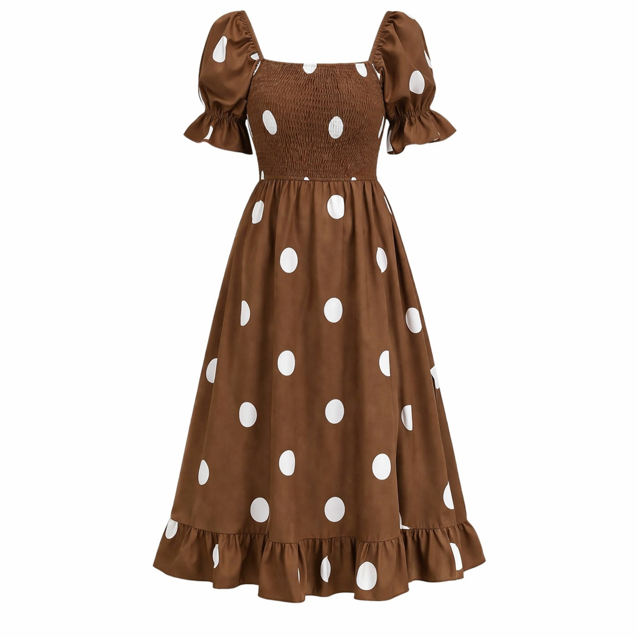Polka Dot Midi Dress | Women's Puff Sleeve | Elegant Flowing Style