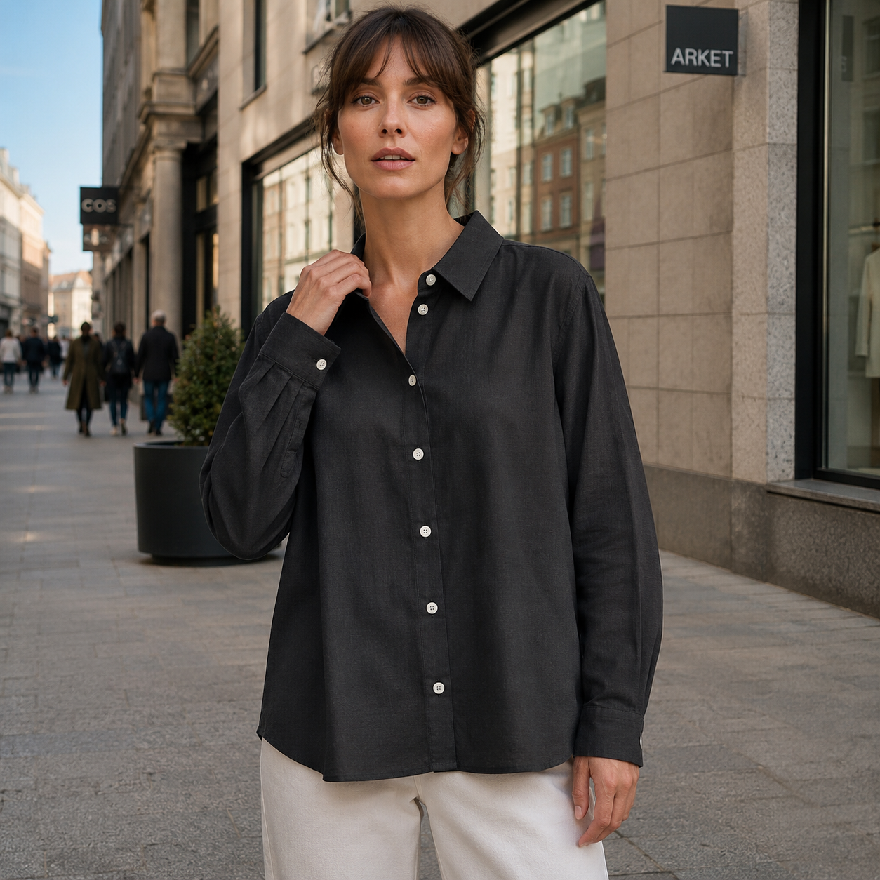 Shirt blouse women's linen blend edge collar