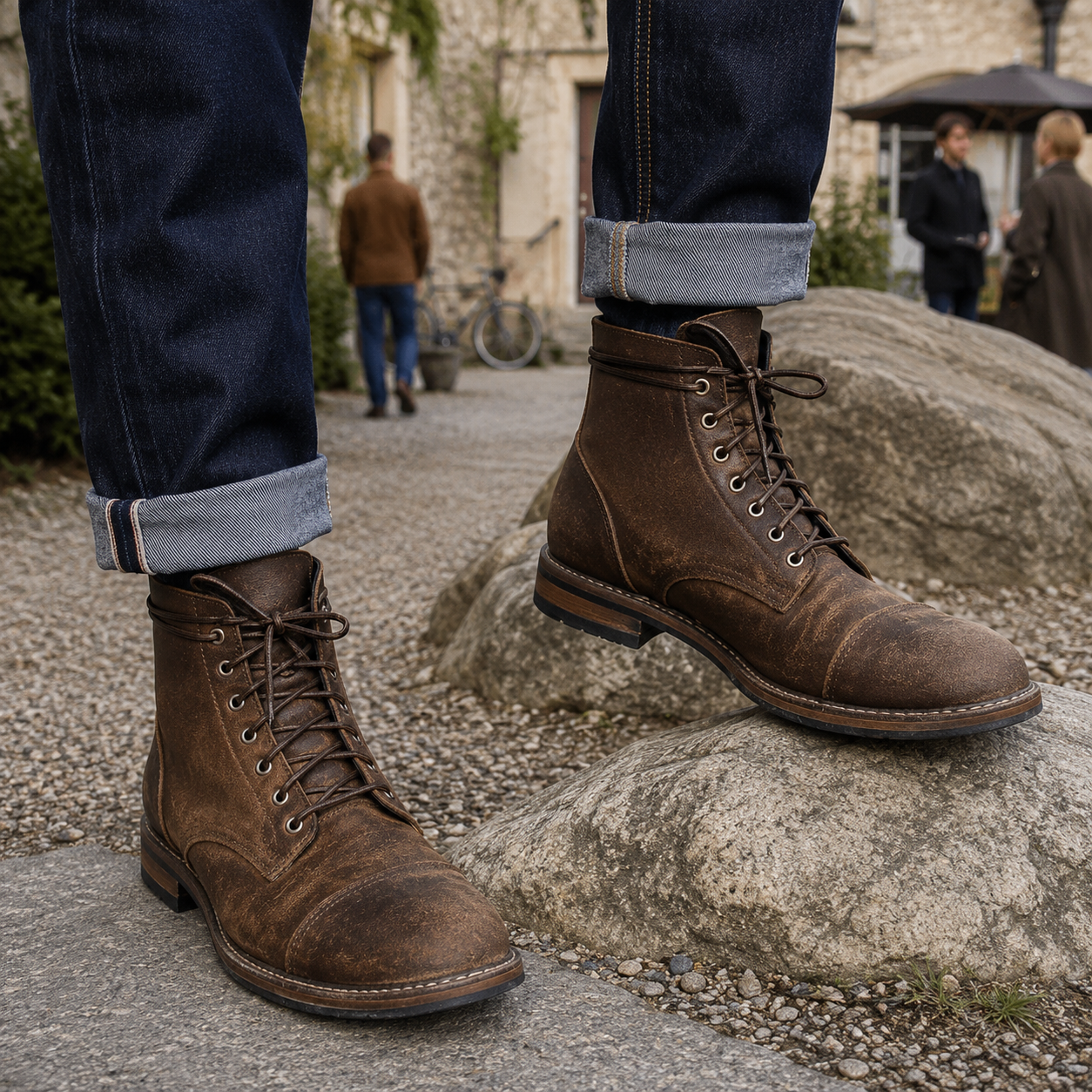 Men's leather boots lace-up retro style