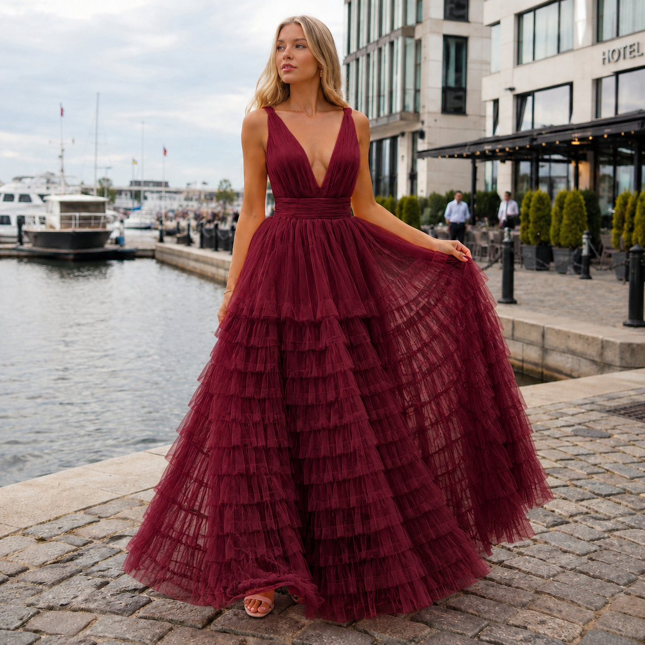 Maxi Dress for Women | Belted, Ruffled Hem | Elegant Party Dress