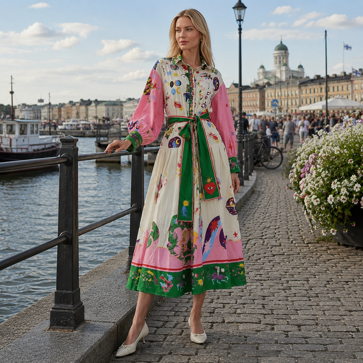 Midi dress, viscose, patterned, ankle-length