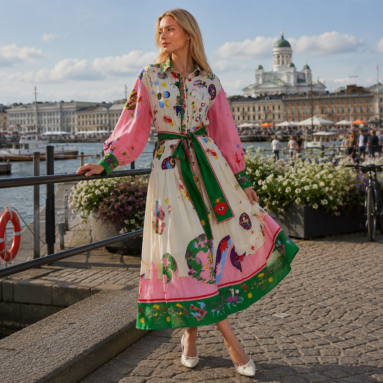 Midi dress, viscose, patterned, ankle-length