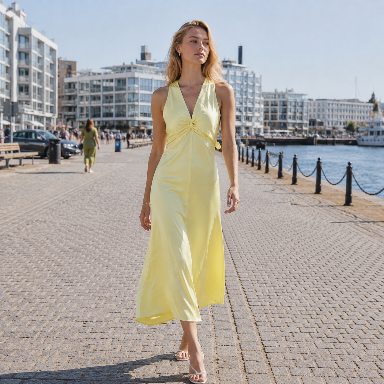 Long dress | Backless design, ankle length | V-neck