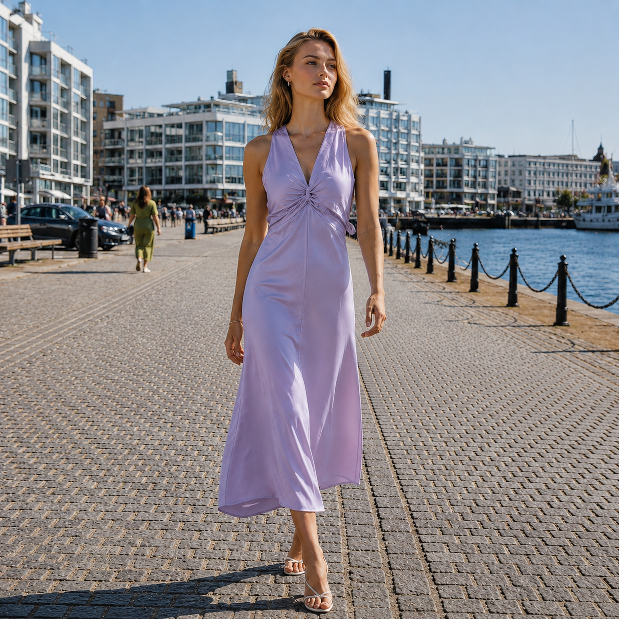 Long dress | Backless design, ankle length | V-neck
