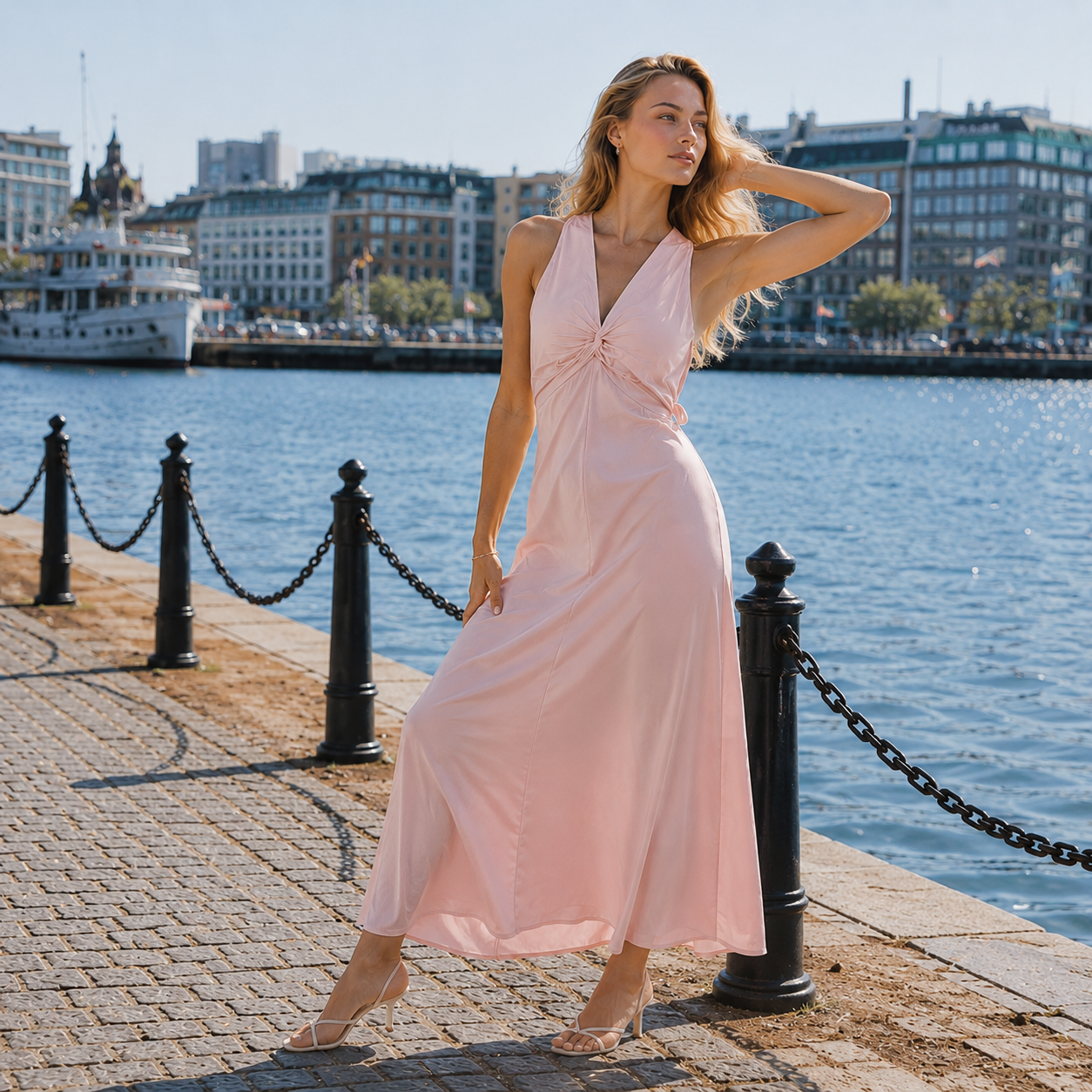Long dress | Backless design, ankle length | V-neck