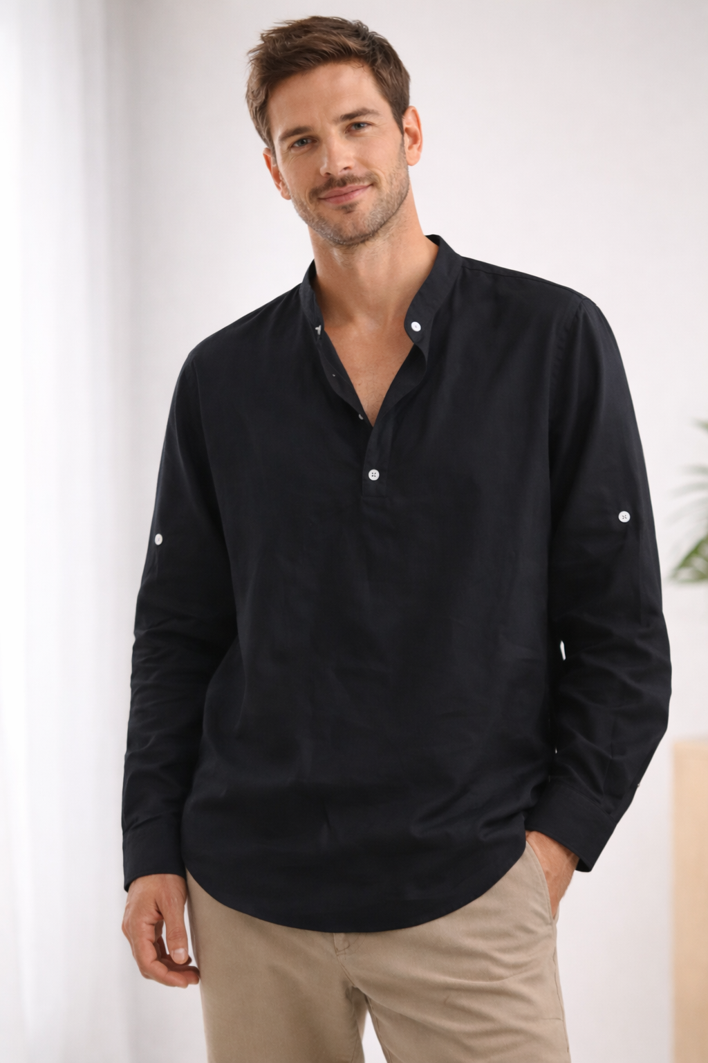 Men's Long-Sleeve Shirt | Loose Fit, Stand-Up Collar